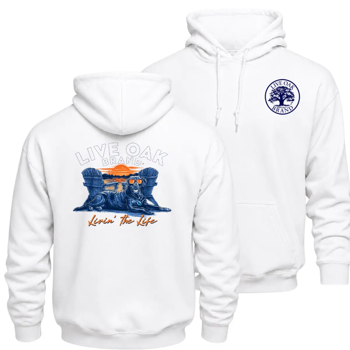 Vintage Livin The Life Dog Outdoor Hoodie, Double Sided Black Labrador Sunglasses Sunset Graphic Pullover Sweatshirt, Retro Lake Chair Dog Hoodie, Heavyweight Sweatshirt, Dog Lover Gift For Men