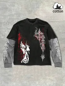 Unisex Gothic Street Style Long Sleeve T-Shirt, Gothic Angel & Rune Print, Vintage Wash Cotton, Fitted, Y2K Fashion, Casual Daily Wear, Stylish, Streetwear, Aesthetics