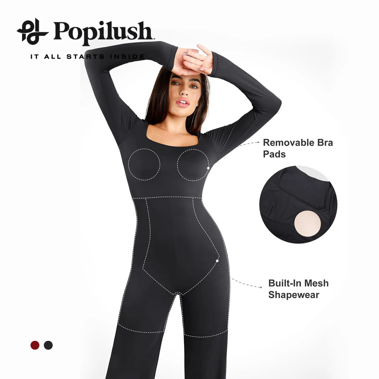 Popilush The Shapewear Jumpsuit Square Neck Long Sleeve Shapewear Jumpsuits Comfortable Womenswear