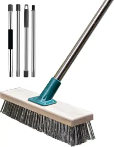 Stainless Steel Long Handle Wire Brush Deck Broom Floor Scrubber, Outdoor Cleaning Tool for Moss Tough Stains on Concrete Grout, Ideal for Garden Garage Patio Swimming Pool