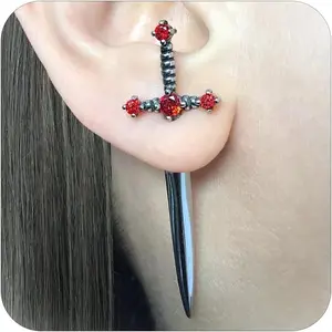 Sword Earrings for Women Goth Earrings Accessories Gothic Red Black Knife Earrings Vintage Crystal Sword Stud Earrings for Halloween Costumes Jewelry