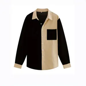 Men's Black Corduroy Cardigan Shirt - Color-Blocking Lapel, Pocket Design, Long Sleeves, Casual Polyester Menswear Top