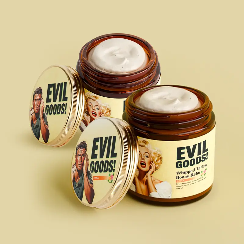 EVIL GOODS! 2-PACK Whipped Beef Tallow & Manuka Honey Organic Nourishing Face Cream Moisturizer Body Lotion Skin Care Lip Balm Hydrating Moisturizing 100% Natural Ingredients - Oil