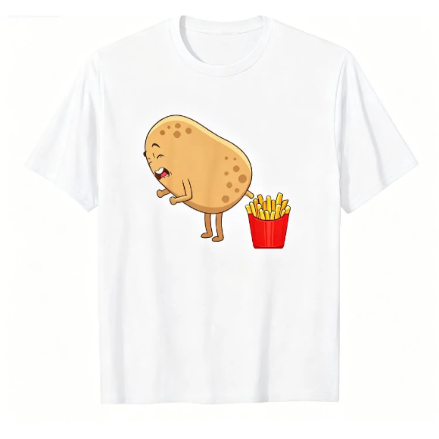 A funny T-shirt with potato and French fries print, round neck, short sleeves, geometric design; comfortable for all seasons, suitable for both men and women as casual everyday wear