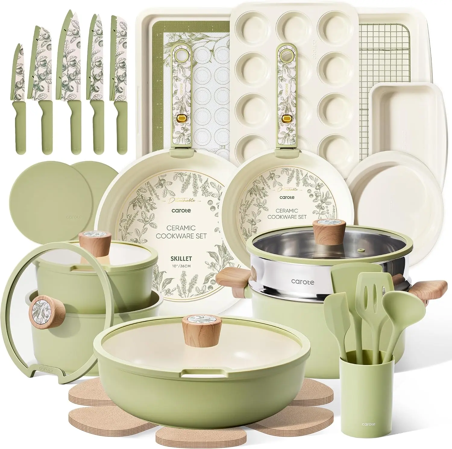 42pcs Ceramic Cookware Set, Pots and Pans Set with Detachable Handle | Baking Pans Set, Knife Set, Non Stick, Induction Compatible, Dishwasher&Oven Safe, Space Saving, for Kitchen/RV/Camping Green