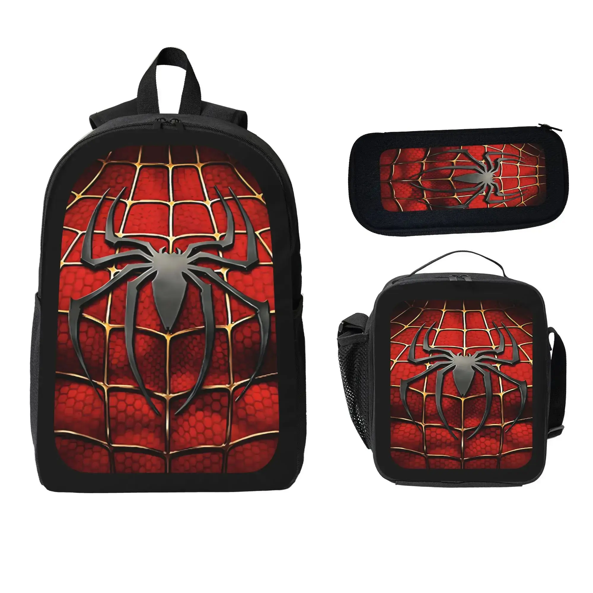 Unisex 17-in Spider Print 3-Piece Backpack Set, Large-Capacity Lightweight Durable Backpacks for School, with Lunch & Pencil Cases, Artsy Look School/Travel Essential for Teens