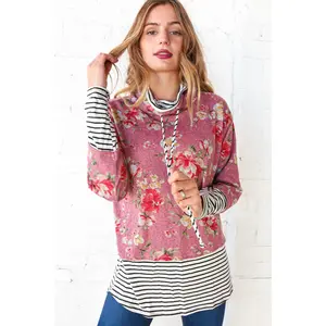 Mauve Floral Stripe Color Block Turtleneck