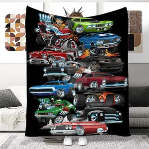 Vintage Car Theme Blanket, Cartoon Print Flannel Throw, Modern Style Soft Sofa Bed Travel Blanket, All-Season Use, 1 Piece