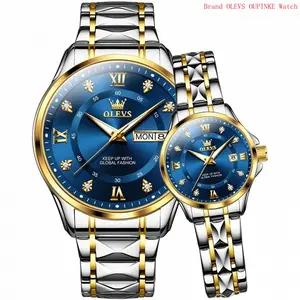 Brand OLEVS Couple Watch His and Her Set Watches Business Analog Quartz Men and Women Watches Stainless Steel Waterproof Luminous Date Wrist Watch