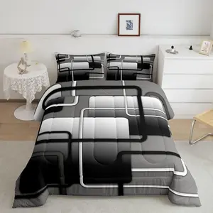 Feelyou Quilted Breathable Duvet Set - White/Grey/Black Abstract Geometric Lines & Square Microfiber Bedding, Multi-Size Polyester Fiber with U-Stitching, Minimalist Queen Bed Comforter Set for Teens, Travel-Ready