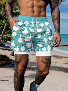Men's Two-In-One Shorts with Lining, Fun Duck Print, Drawstring Waist, Casual Summer Outdoor Fitness Wear, Daily Use