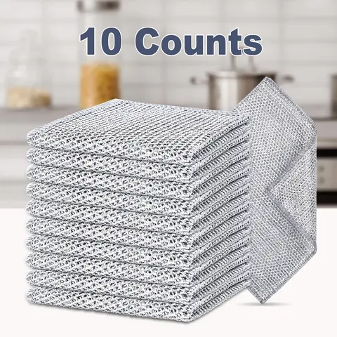 10 Counts Dishwashing Rags，Multipurpose Non-Scratch Wire Dishcloths for , Reusable Wire Cleaning Cloths for Kitchen,Wet and Dry Use, Sinks, Pots, and Pans Silver Removable & Washable