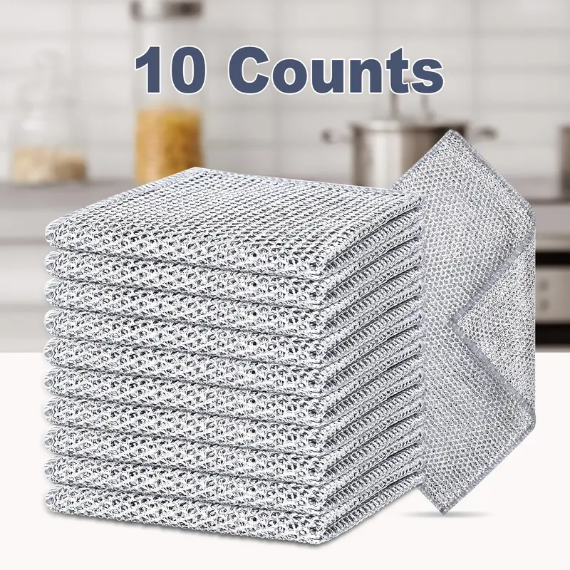 10 Counts Dishwashing Rags,Multipurpose Non-Scratch Wire Dishcloths for , Reusable Wire Cleaning Cloths for Kitchen,Wet and Dry Use, Sinks, Pots, and Pans Silver Removable & Washable