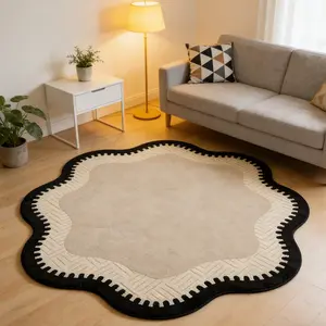 French Vintage Wave Edge Round Carpet, Luxurious High-End Living Room Coffee Table Mat, Soft Wipeable Easy Clean Boho Washable Rug for Bedroom Sofa Bedside