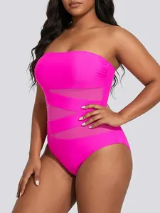 Sculpt Touch Women Strapless One Piece Swimsuit Sexy Mesh Cutout Tummy Control Bandeau Bathing Suit with Removable Straps