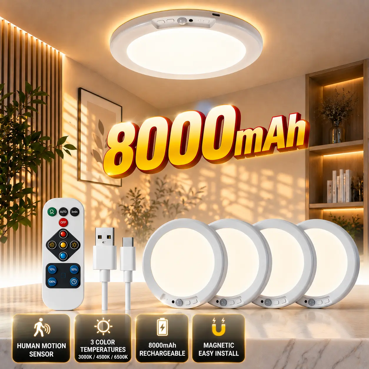 Rechargeable 8000mAh Motion Sensor LED Ceiling Clip Light - Wireless Remote Control, 3 Color Temperatures, Dimmable, Indoor Charger-Powered Fixture for Bathroom, Pantry to Light Up Your Space, Led Lights