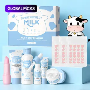 Laikou Milk Skincare Set, Cleanser 50g, Toner 100ML , Serum 17ML, Eye Cream 15g, Moisturizer 25g , Lip Balm 3.5g, Acne Patches X3 #GLOBAL PICKS