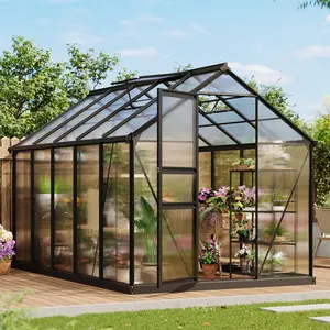 Large Walk-in Outdoor Greenhouse with Polycarbonate Panels & Reinforced Aluminum Frame, Roof Vent, Lockable Sliding Door and Ground Anchors, Heavy Duty Backyard Green House for Patio, Lawn, Terrace Garden
