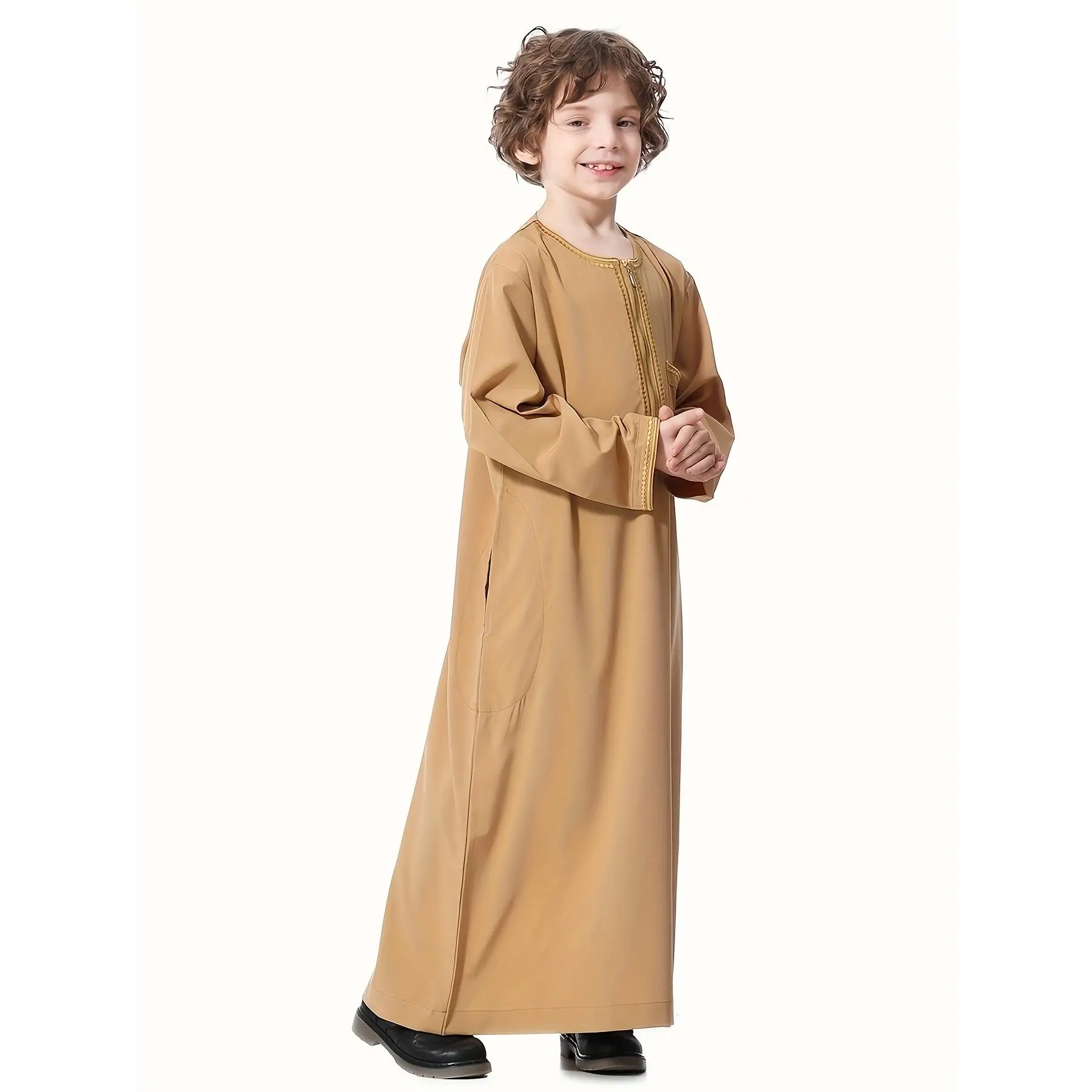 2024Boys' Traditional Middle Eastern Attire | Polyester Long Sleeve Robe for Ramadan & Eid Al-Fitr | Round Neck with Belted Waist | Solid Color