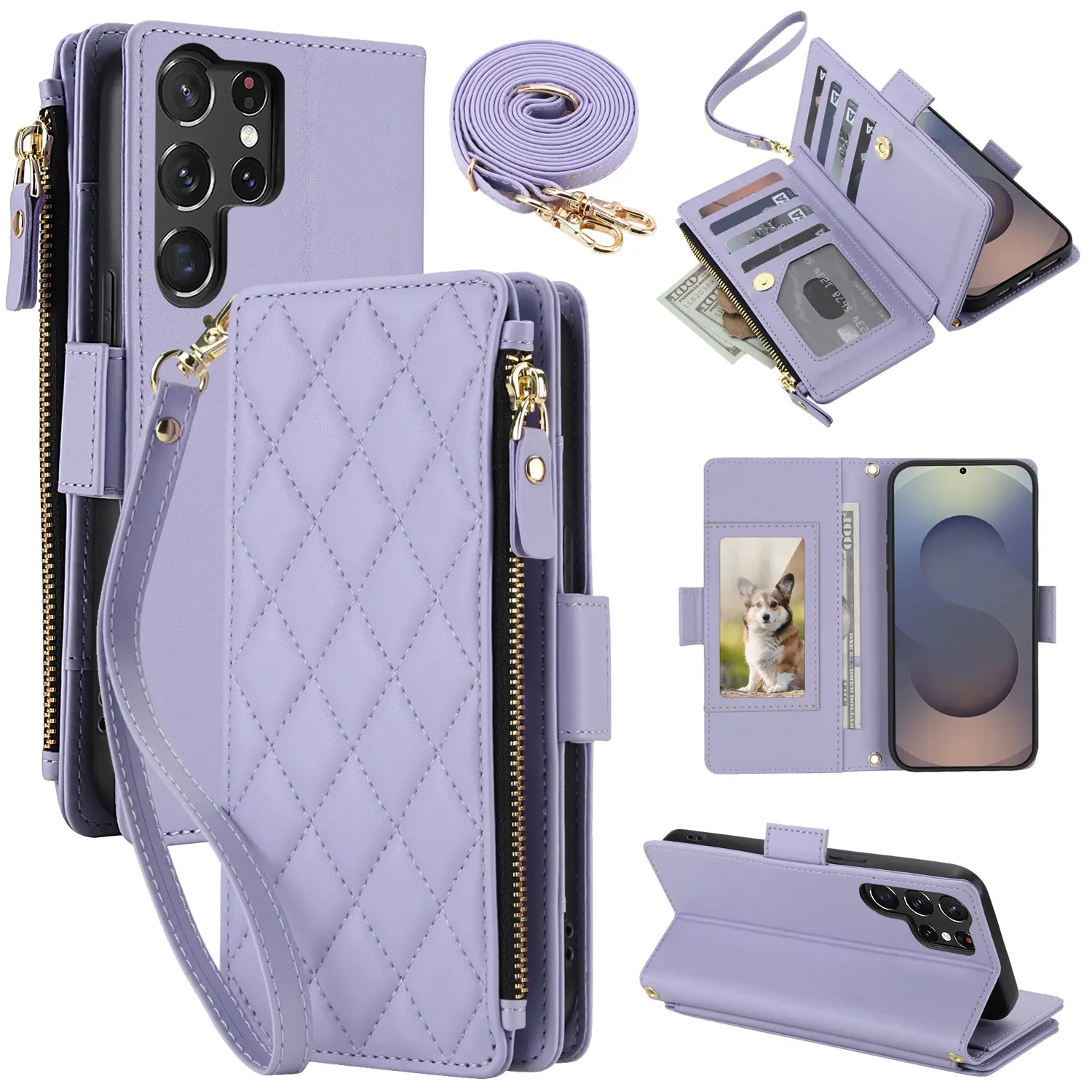 Wallet Case for for Samsung Galaxy S26 Ultra S25 S24 S23 S22 with Wrist & Shoulder Strap, Card Slots Zipper Purse Luxury PU Leather Stand Checkered Cell Phone Cover