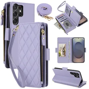 Wallet Case for for Samsung Galaxy S26 Ultra S25 S24 S23 S22 with Wrist & Shoulder Strap, Card Slots Zipper Purse Luxury PU Leather Stand Checkered Cell Phone Cover