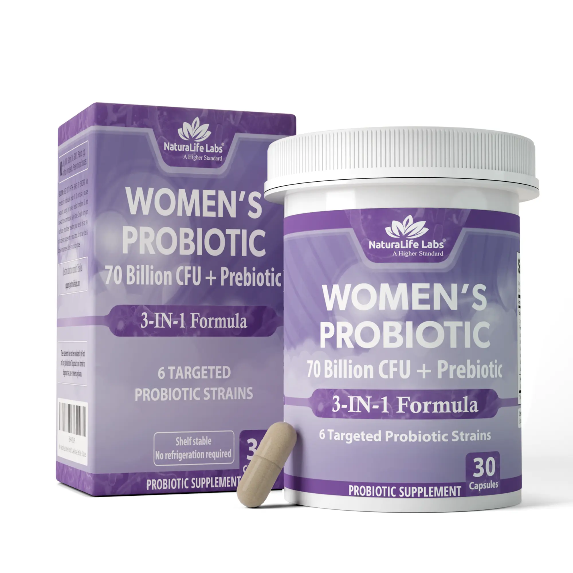 NaturaLife Labs Women's Probiotic 70 Billion CFU with Prebiotic Fiber - 3-in-1 Formula - 6 Targeted Probiotic Strains - Delayed Release - Shelf Stable - 30 Capsules