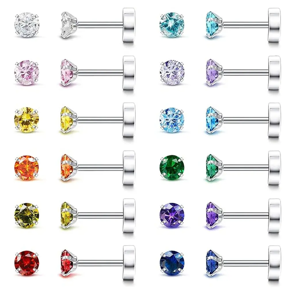 20G Hypoallergenic Flat Back Stud Earrings for Women Men Sensitive Ears, 12/6 Pairs Silver Stainless Steel Stud Earring,Birthstone Cubic Zirconia Earrings Studs,Cartilage/Helix/Tragus,Nickel Free