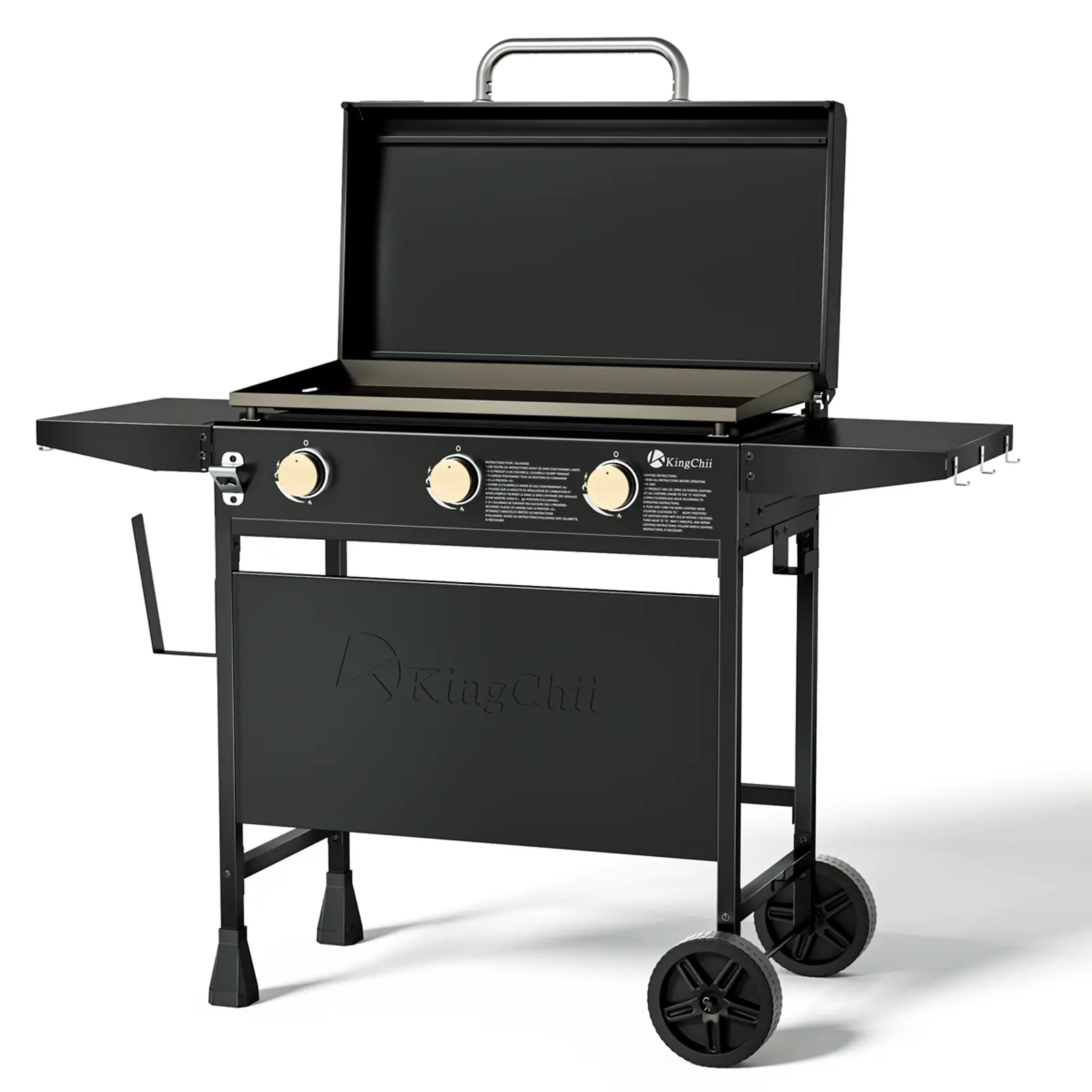 KingChii 28" 3-Burner Propane Griddle with Hard Cover - Foldable Black Square, Grease to Rear Cup, Portable Outdoor BBQ for Camping, Backyard Use