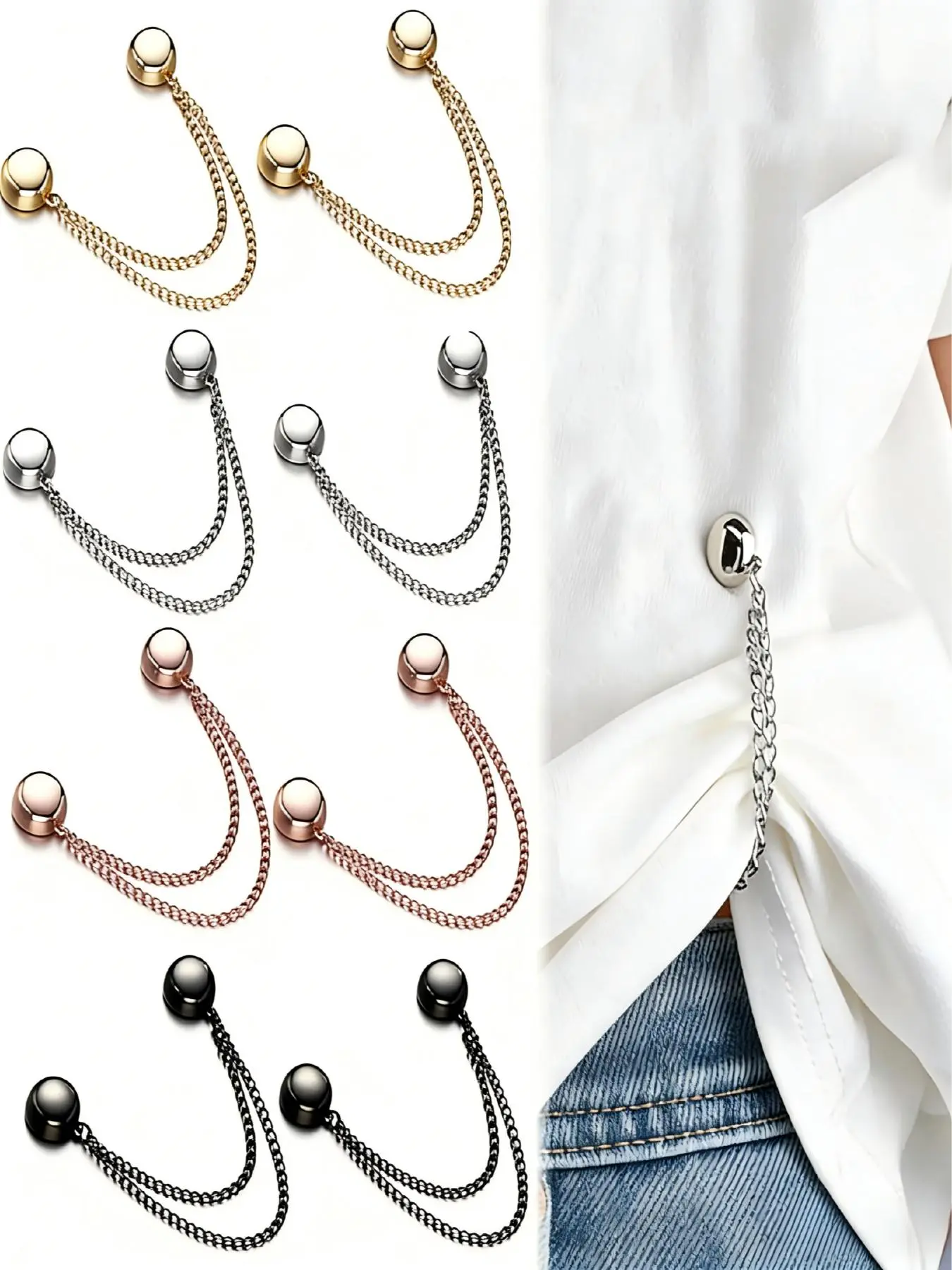 Multi-Function Styling Magnetic Clothing Clips, Adjustable Magnetic Shirt Clips for Women's Clothing, T-Shirt Hem and Collar Shortening Clips, 8-Pack Chain Style