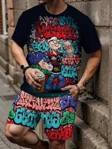 Men's 3D Digital Print Two-Piece Set, Graffiti Style Popeye Street Trend Men's, Breathable Sport Casual Style, Perfect Holiday Gift