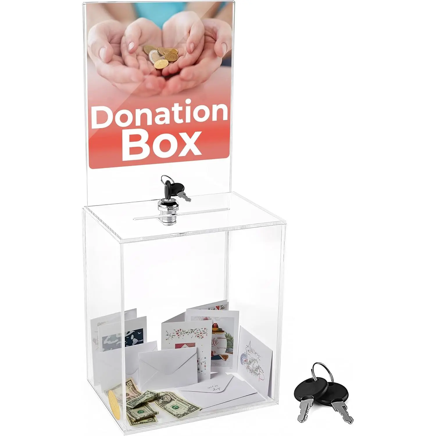 Extra Large 16" x 8" x 6" Clear Donation Box with Lock & Display Sign Holder, Secure Ballot Raffle Ticket Tip Suggestion Box with Slot for Fundraising