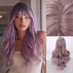 24 Inch Pastel Lavender Purple Wavy Wig with Bangs for Women, Long Synthetic Curly Hair with Realistic Scalp Top, Heat Resistant Fiber Perfect for Cosplay, Party, and Daily Fashion.
