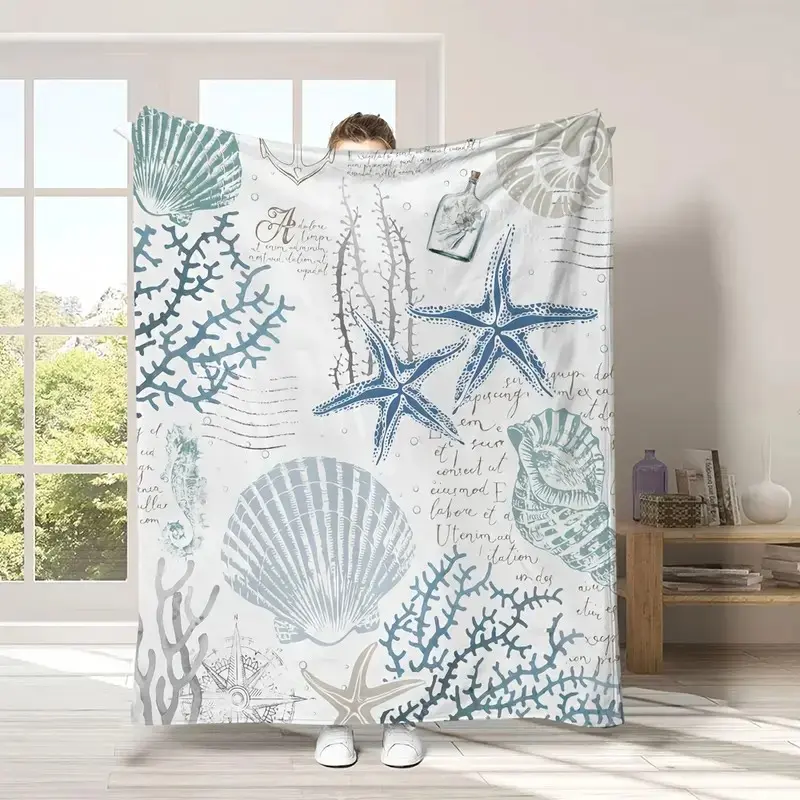 Vintage Nautical Starfish and Shell Blanket, Soft Lightweight and Plush Throw, Coral Reef Design in Antiallergenic Polyester for Sofa and Beach House Decor