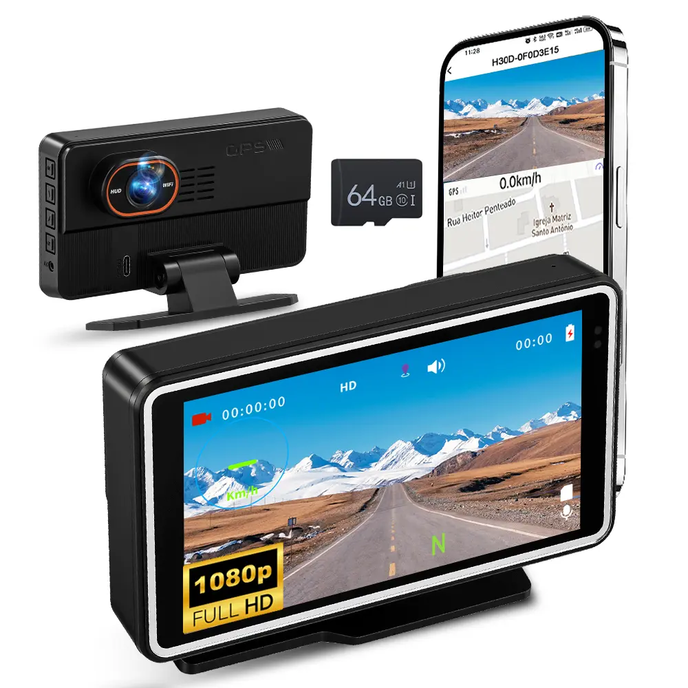 Podofo WiFi Car Dashcam, Car Accessories for Driving Safety - 5-in Display, HD 1080P Resolution, 64GB Memory Card, HUD Display, App Playback, Loop Recording, Motion Detection, Overspeed Alarm, Father's Day Gift