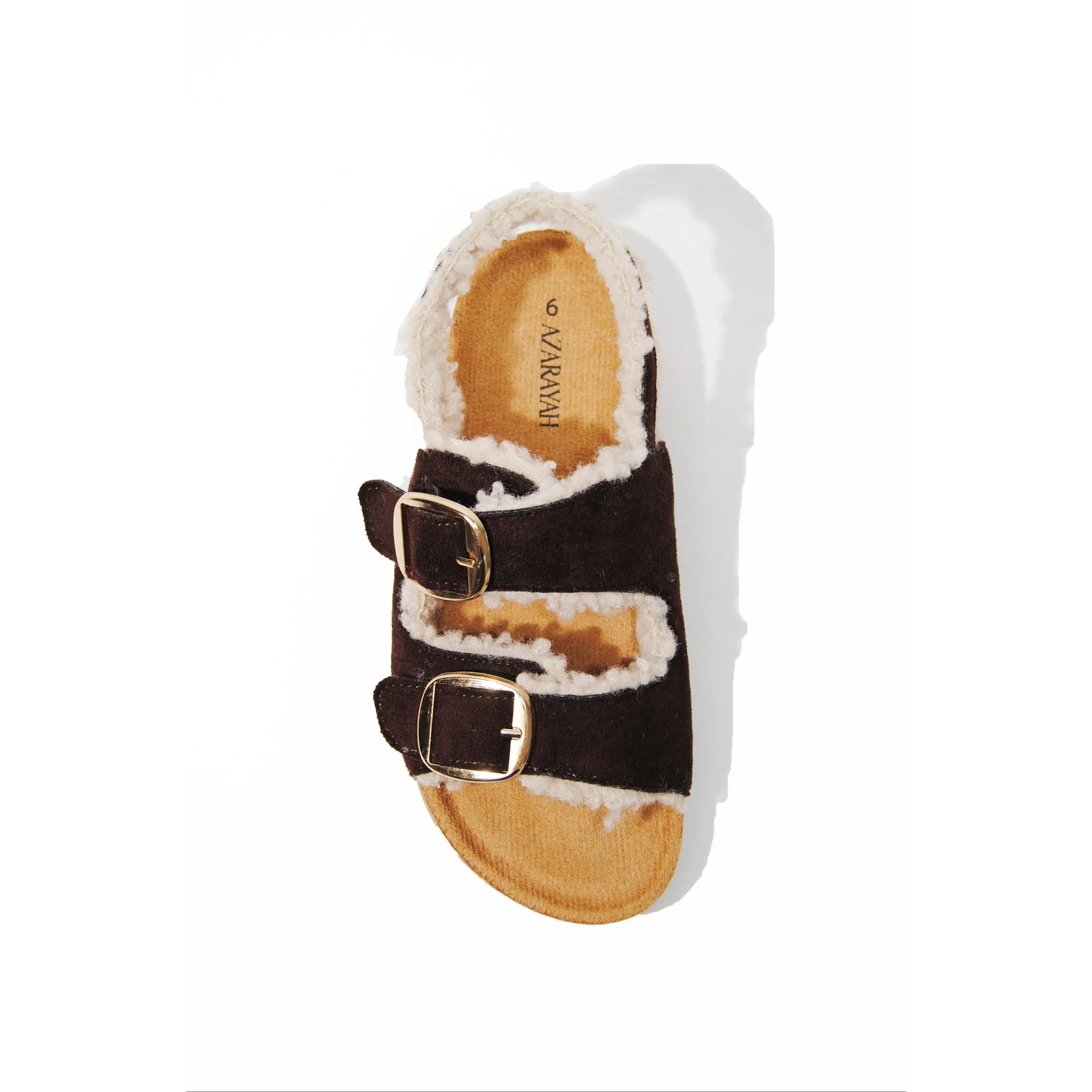 Azarayah Maples Women's Sling Back Faux Teddy Fur Double Buckle Sandal Slides Slippers with Faux Sherpa Lined Footbed in Cow Print