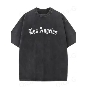 Men'S Vintage Washed T-Shirt - Heavyweight Loose Fit Retro Streetwear Tee with "Los Angeles" Lettering, All-Season Casual Shirt for Gym