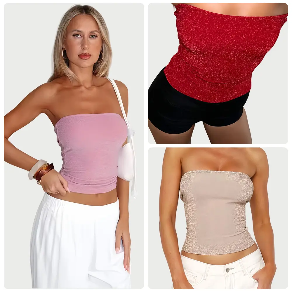 Stretchy Sequin Tube Top is a unique, slim-fitting strapless top with a sexy, off-the-shoulder design that accentuates a slim figure. It's versatile for both work and casual wear, and can be worn as an inner or outer piece