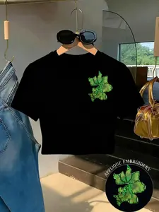 Women's Vintage Gold Beaded Embroidery T-Shirt, Loose Shoulder Drop, Slim Fit, Street Style, Casual Wear, All Seasons