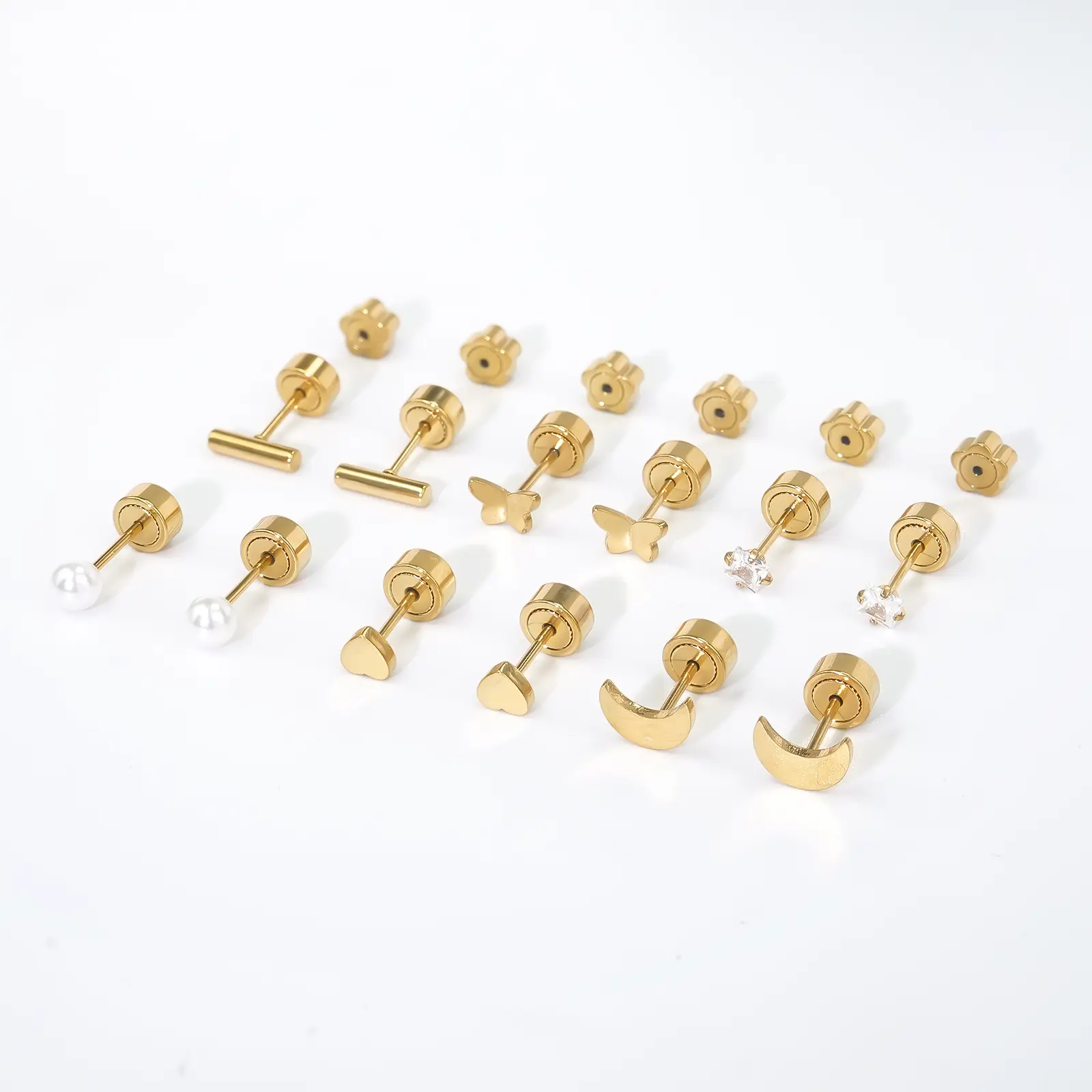 Hypoallergenic Gold Flat Back Earring Sets for Women Non-Nickel Star & Moon Studs 361L Simple Classic 5mm Earrings for Sensitive Ears nose ear cartilage, 0.8Mm Face Diameter, 5Mm Backing