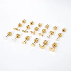 Hypoallergenic Gold Flat Back Earring Sets for Women Non-Nickel Star & Moon Studs 361L Simple Classic 5mm Earrings for Sensitive Ears nose ear cartilage