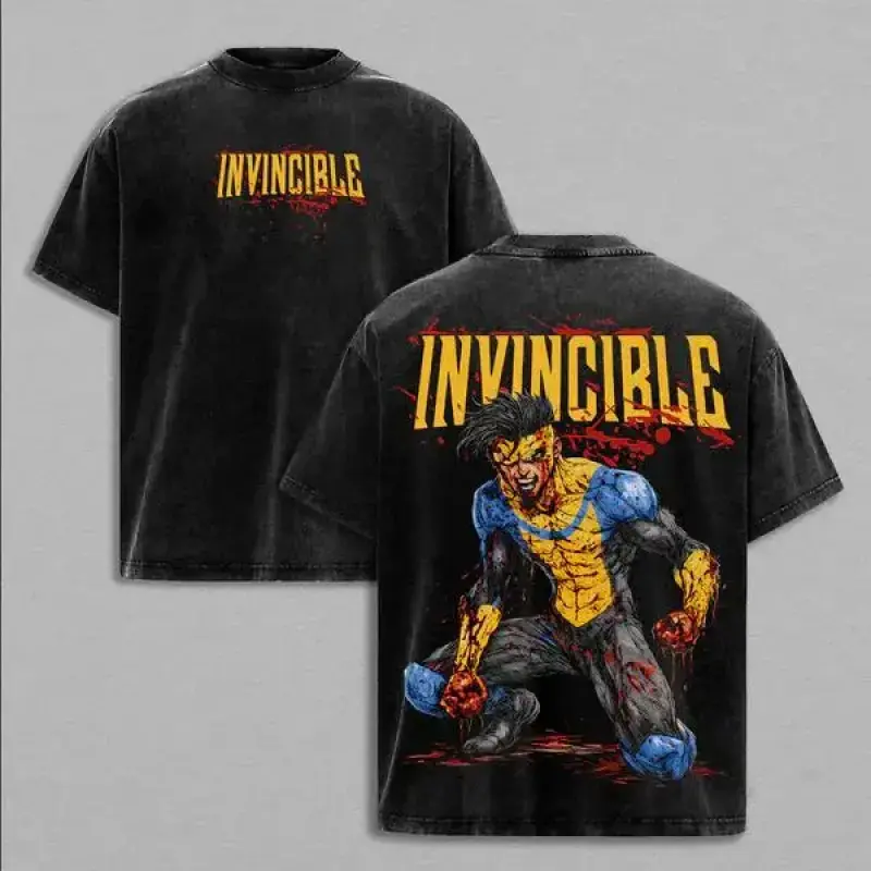 Men's Retro Washed Invincible Mark Grayson Graphic T-Shirt - Ribbed Seamless Short-Sleeve Heavyweight Cotton Fabric, Oversized Loose Fit 90s Anime Manga Print, Premium Soft Unisex Menswear Tee for Daily, Gym Use