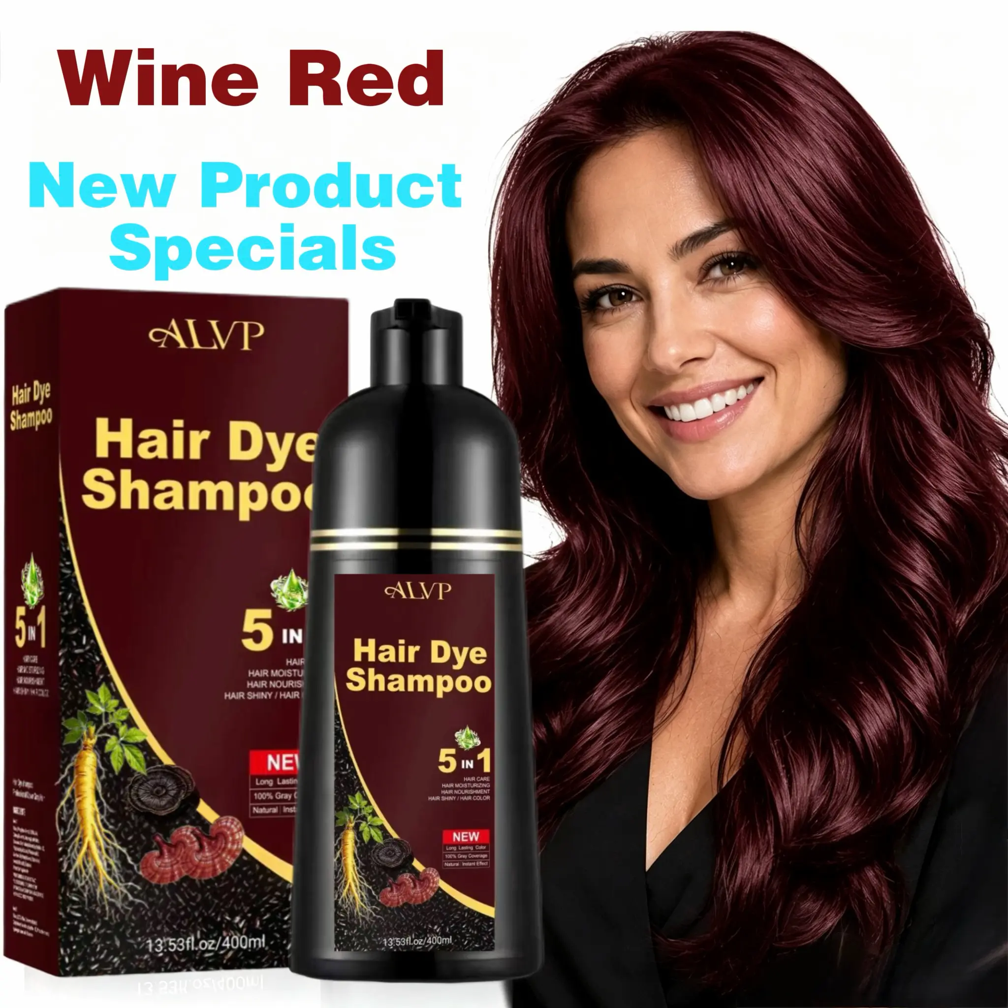 ALVP Vegan Hair Dye Shampoo, 5-in-1 Wine Red Color for Silver Hair, with Ginseng for Women & Men, Long-Lasting & Nourishing, Great Value 17.6 Fl Oz, Grey Hair Coverage