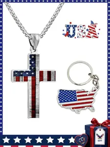 U.S. 250th Anniversary Set: Men's Flag Cross Necklace (stainless steel) + USA Map Keychain. Patriotic Christian jewelry, perfect for 4th of July, Father's Day & travel gifts.