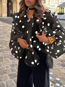 Black Polka Dot Sheer Blouse Ruffle Front Tie Neck Chiffon Shirt Long Sleeve Flowy Women Top Vintage Chic Y2K Streetwear Elegant Casual Going Out Party Layering Blouse