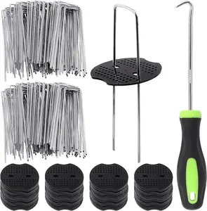 201 count Garden Stakes Staples Kit, 100 count 6 Inch U-Shaped Landscape Staples, 100 count Fixing Gasket with 1 count Pick Hook for Weed Barrier Fabric, Ground Cover, Holding Fence and Artificial Turf