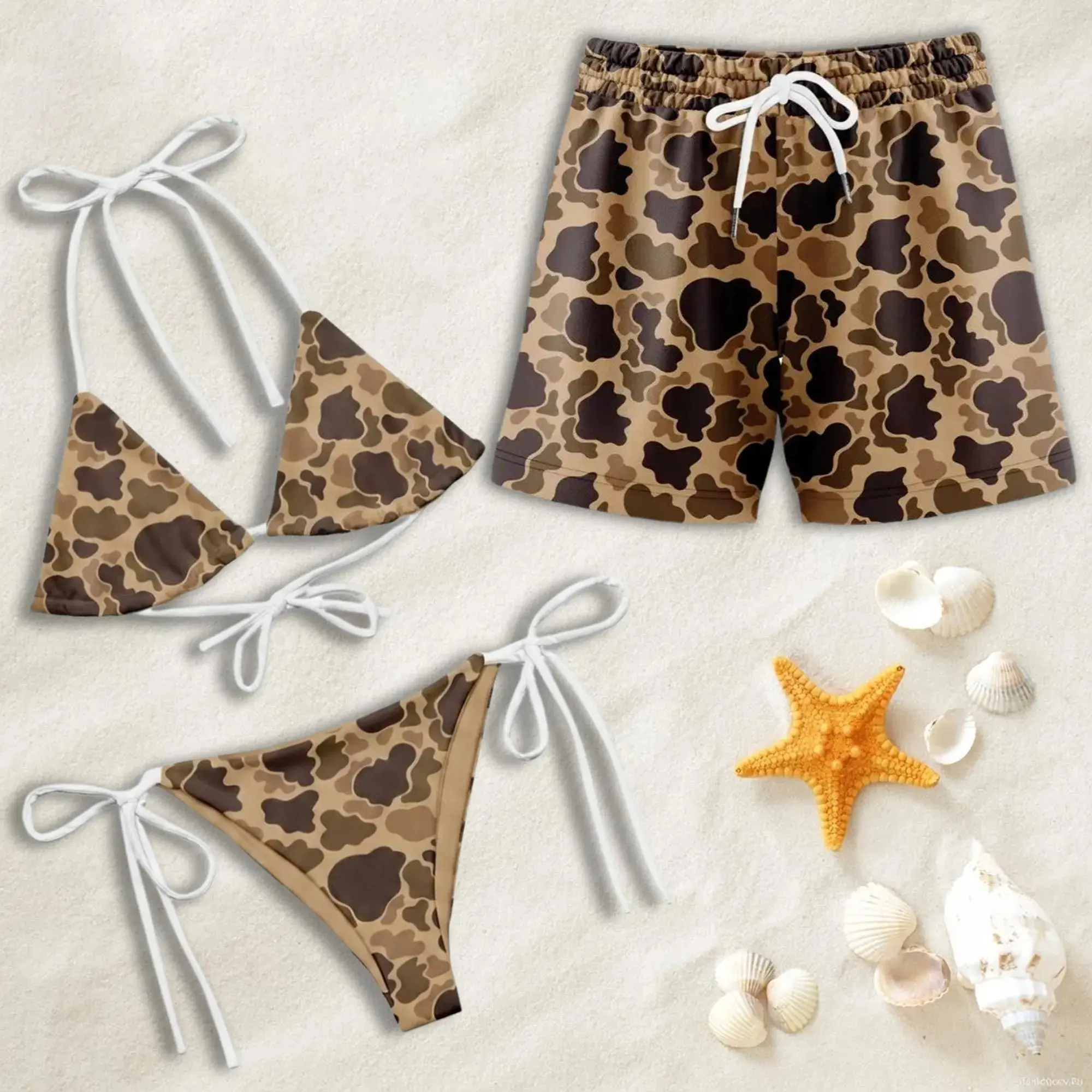 Matching Couple Swimwear Set, Duck Camo Bikini and Board Shorts, Summer Beachwear