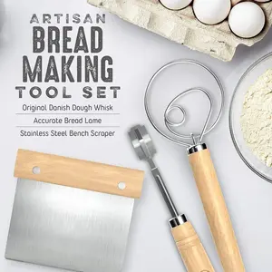 Bread Making Tools and Supplies - Set of 3 - Danish Dough Whisk, Bread Lame, Bench Scraper - Dough Hook with Bread Scraper, Lame Bread Tool, Blades - Great for Baking Sourdough, Pizza, Pastry