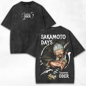 Takamura x Sakamoto Days + Savage Sword Aura + Washed Streetwear Heavy Tee + Trending TikTok Drop Cotton Menswear