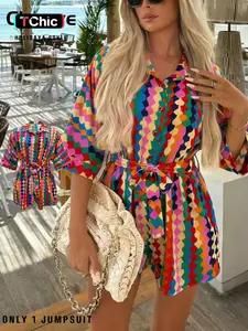 Creative Colorful Print Loose Jumpsuit Shorts, Lightweight Fabric, Casual Holiday, All over Print, Loose-Fitting
