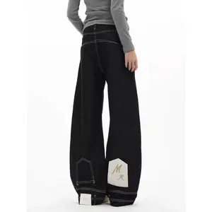 Statement wide-leg jeans with contrast topstitching and unique back patch details. Structured denim fabric with a flowy silhouette, ideal for street style and casual daily wear. # StatementJeans # TopstitchDesign # UniqueDenim # MensStreetwear l